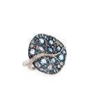 Botanical Leaf Blue Topaz Ring with Diamonds, Size 7