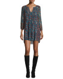 Dulce Floral-Print Silk Dress, Deep Marine