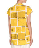 Printed Cap-Sleeve Blouse, Yellow