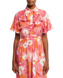 Daisy-Print Draped Silk Blouse, Pink