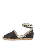 Rockstud Leather Ankle-Wrap Espadrille Flat, Black/Ivory