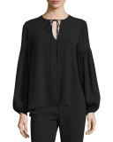 Long-Sleeve Split-Neck Top, Black