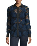 Floral-Lace Long-Sleeve Shirt, Navy