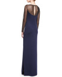 Shimmery Long-Sleeve Evening Gown, Ink/Caviar