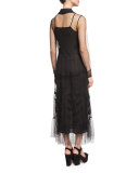 Button-Front Lace & Macrame Midi Dress, Black