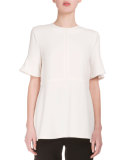 Flutter-Sleeve Jewel-Neck Blouse, Off White