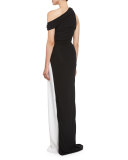 Colorblock Draped One-Shoulder Gown, Black/White