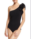 Chrysa One-Shoulder Floral Ruffle One-Piece Swimsuit, Black