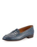 Crocodile-Embossed Penny Loafer, Denim