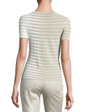 Alternating-Stripe Short-Sleeve Sweater, Beige/Multi