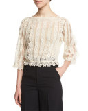 3/4-Sleeve Lace & Macrame Top, Ivory