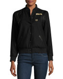 Leather-Trim Wool Varsity Jacket, Black