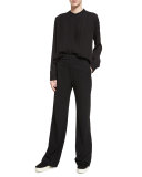 Pleated Mandarin-Collar Blouse