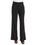 Pleated-Front Wrap-Belt Wool Pants, Black