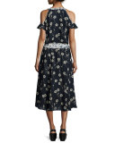 Floral Silk Cold-Shoulder Midi Dress, Midnight