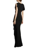 Short-Sleeve Draped Peplum Jersey Gown, Black
