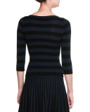 3/4-Sleeve Bateau-Neck Striped Top, Black/Blazer