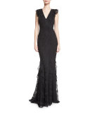 Sleeveless Lace Ruffle-Trim Mermaid Gown, Black