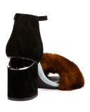 Abby Rabbit-Fur Tilt-Heel City Sandal, Ochre 