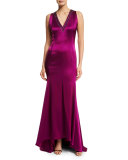 Liquid Satin Beaded V-Neck Gown, Dark Fiore