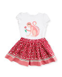 cap-sleeve monkey tee w/ floral skirt, cream, size 12-24 months