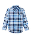Long-Sleeve Plaid Sport Shirt, Blue, Size 5-7