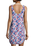 Round-Neck Floral-Print Dress, White/Blue
