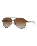 Men's Check-Temple Metal Aviator Sunglasses, Brown