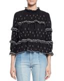 Daniela Boxy Embroidered Ruffle Blouse, Black