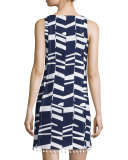 Sleeveless Modern-Print Shift Dress w/Beaded Tassels