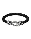 Men's Classic Chain Silver Station Bracelet on Black Leather Cord