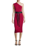 One-Shoulder Belted Cocktail Dress, Raspberry
