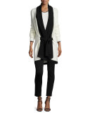 Belted Soft Links Knit Cardigan, Bright Alabaster/Caviar