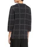 Windowpane-Check Funnel-Neck 3/4-Sleeve Sweater, Charcoal/Ash
