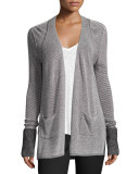 Waffle-Knit Open-Front Cardigan, Black/White