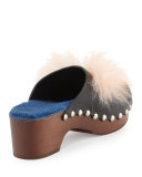 Fox-Fur Shearling-Lined Monster Clog, Nero/Cobalto/Palm