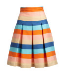 Striped Pleated A-Line Skirt, Turquoise/Marigold