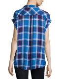 Britt Plaid Cap-Sleeve Shirt, Santorini/Royal