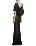 Lace Sweetheart Cape Gown, Black/Nude