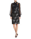 Sleeveless Floral Metallic Sheath Dress, Black