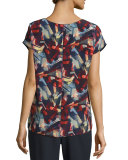 Nadette Short-Sleeve Abstract-Print Silk Blouse, Ink Multi