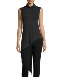 Sleeveless Asymmetric Turtleneck Top, Black