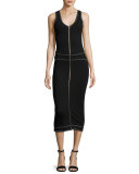 Sleeveless Scalloped Zip Jersey Midi Dress, Black
