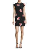Floral-Embroidered Cap-Sleeve Dress, Jet Black