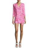 Karlie 3/4-Sleeve Wrap Romper, Pink Mango Salsa