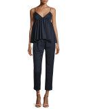 Rosette Sleeveless Ruffled Gabardine Top, Navy