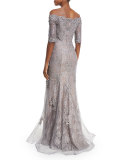 Off-the-Shoulder Embroidered Tulle Gown, Pink/Gray