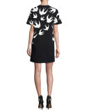 Short-Sleeve Jersey Swallow-Print T-Shirt Dress, Black