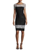 Lace-Trim Sequined Knit Short-Sleeve Dress, Caviar/Bianco