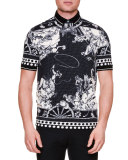 Western-Print Pique Polo Shirt, Black/White